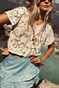 Button-Front Lace Short Sleeve Blouse