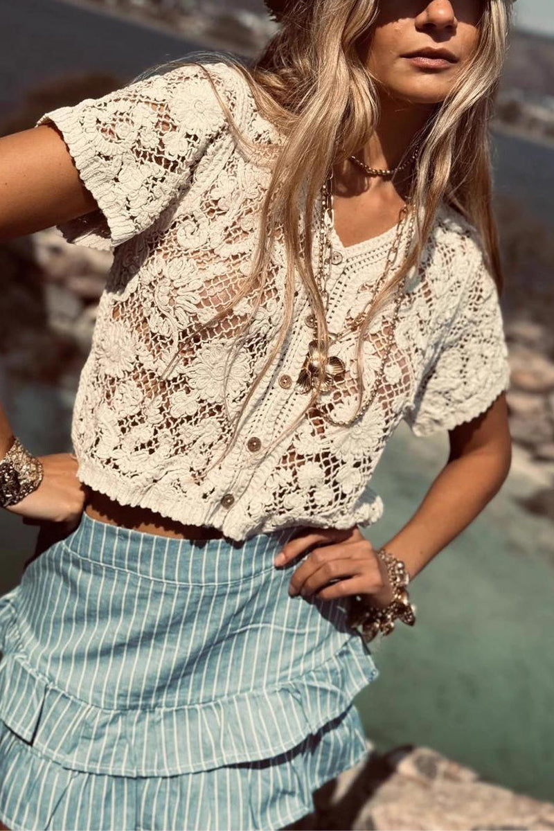 Button-Front Lace Short Sleeve Blouse