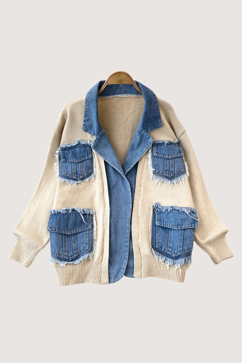 Distressed Pocket Cardigan with Denim Trim