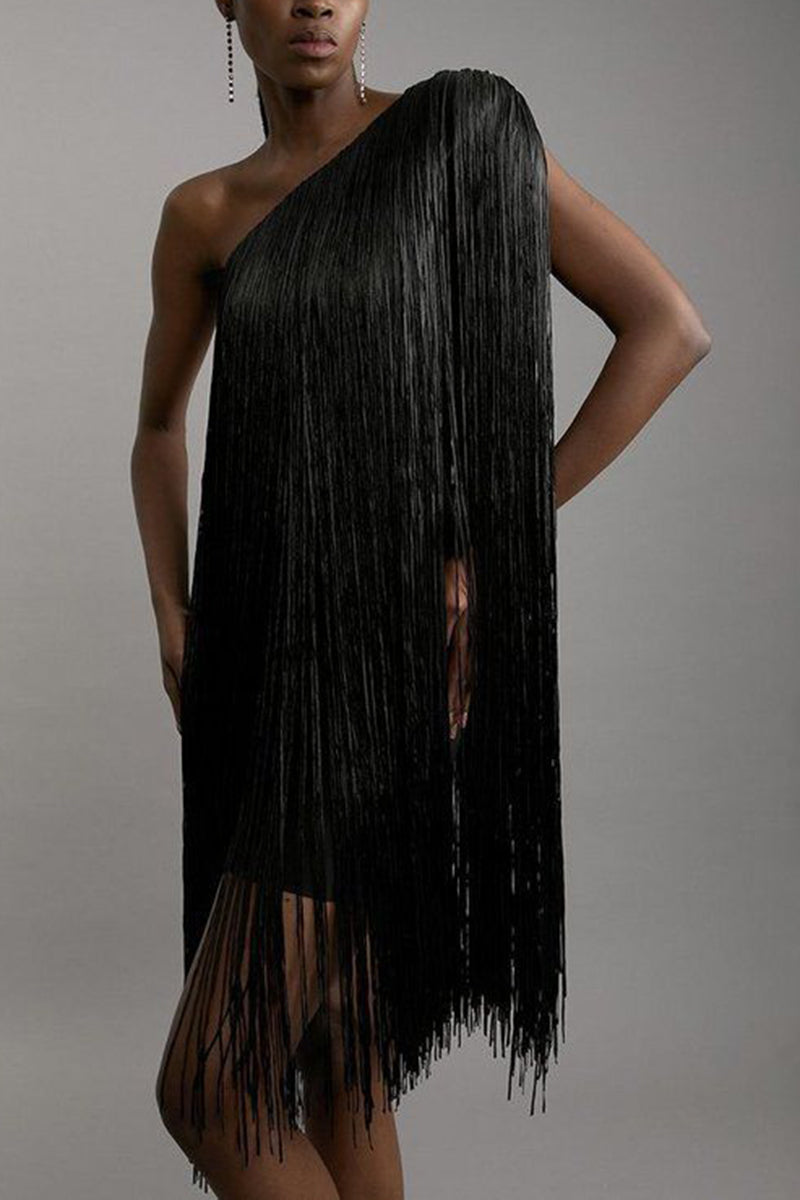 Fringe One-Shoulder Evening Dress