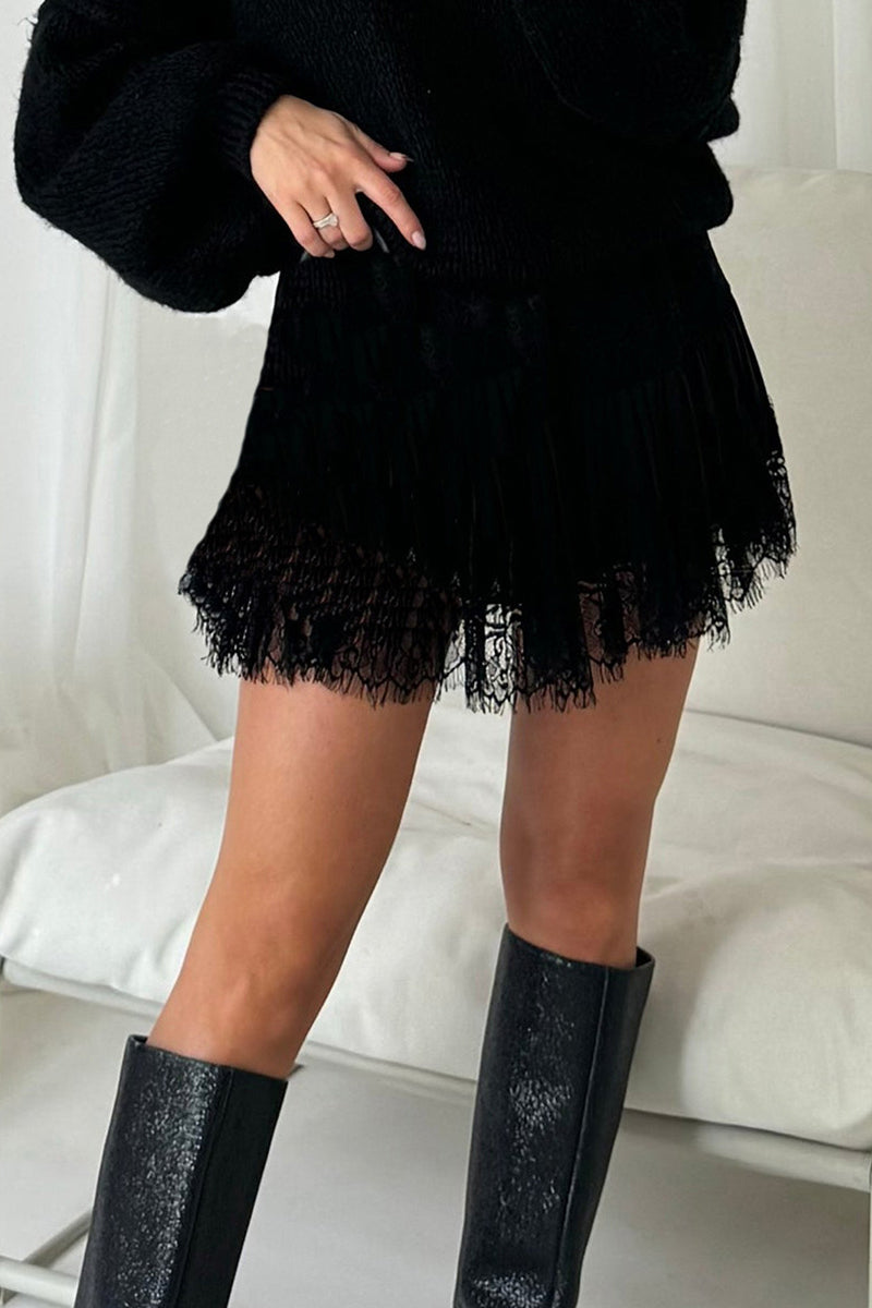 High-Waist Pleated Mini Lace Skirt