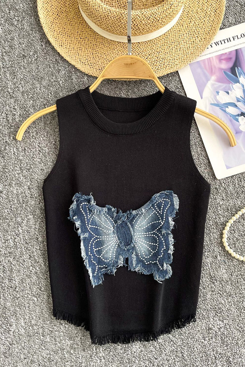 Sleeveless Denim Butterfly Tank Top