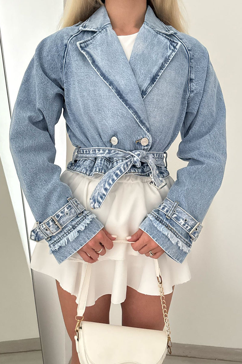 Belted Denim Blazer with Frayed Cuffs