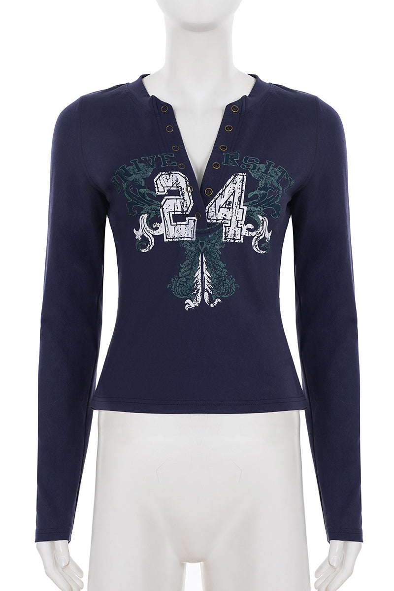 Button-Front Graphic Long-Sleeve Shirt