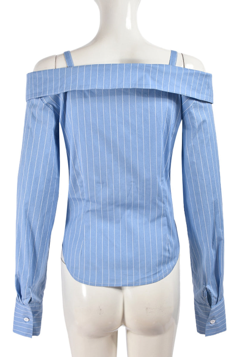 Off-Shoulder Striped Button-Down Top