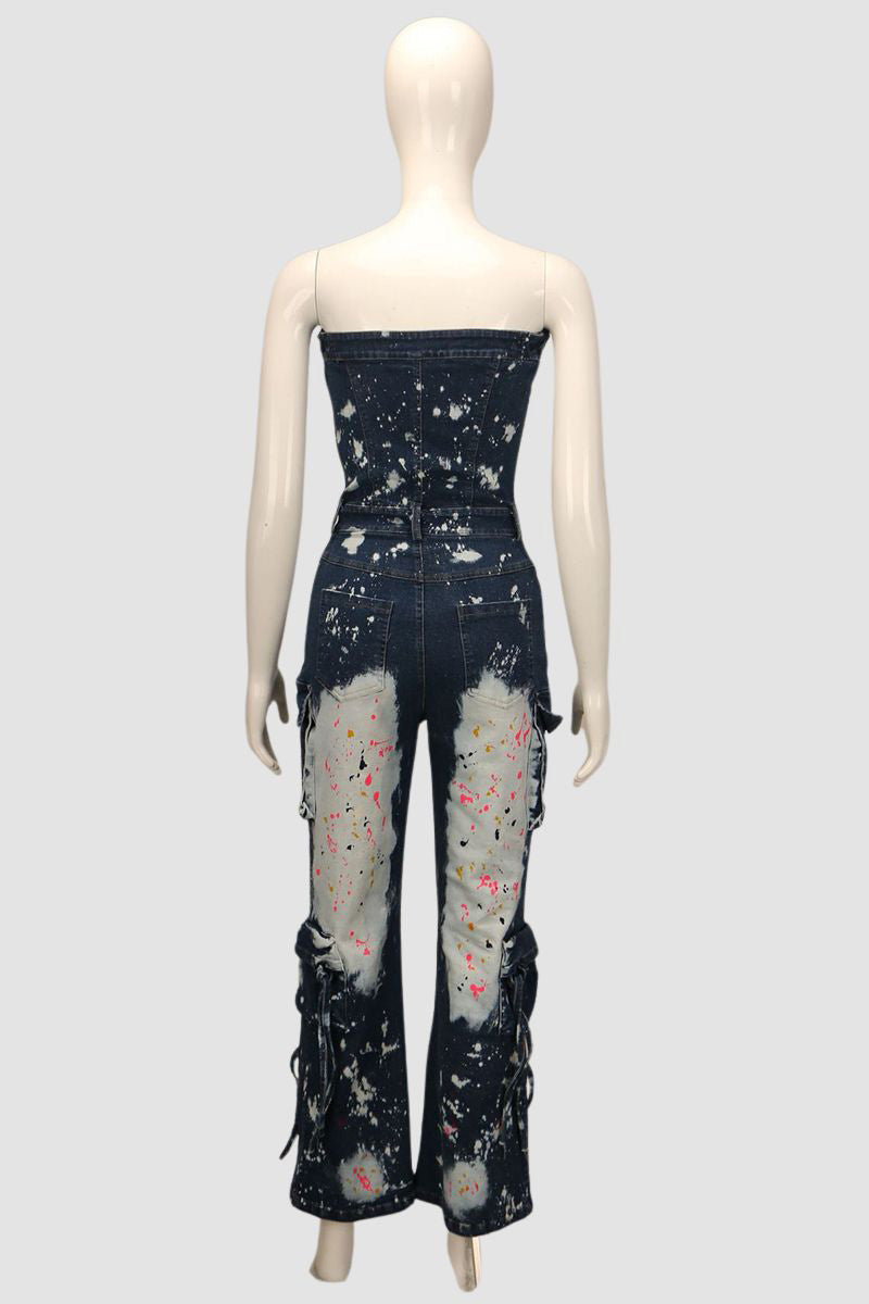 Strapless Paint-Splatter Jumpsuit