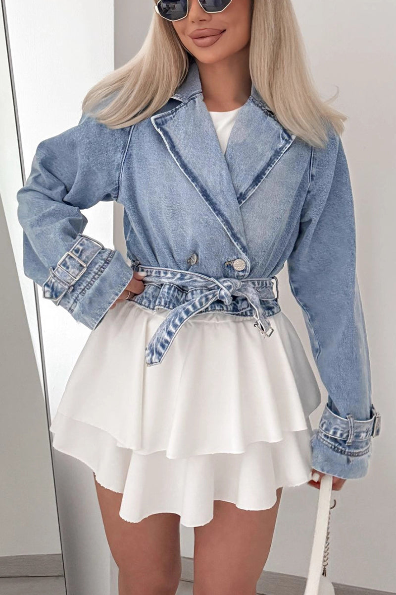 Belted Denim Blazer with Frayed Cuffs