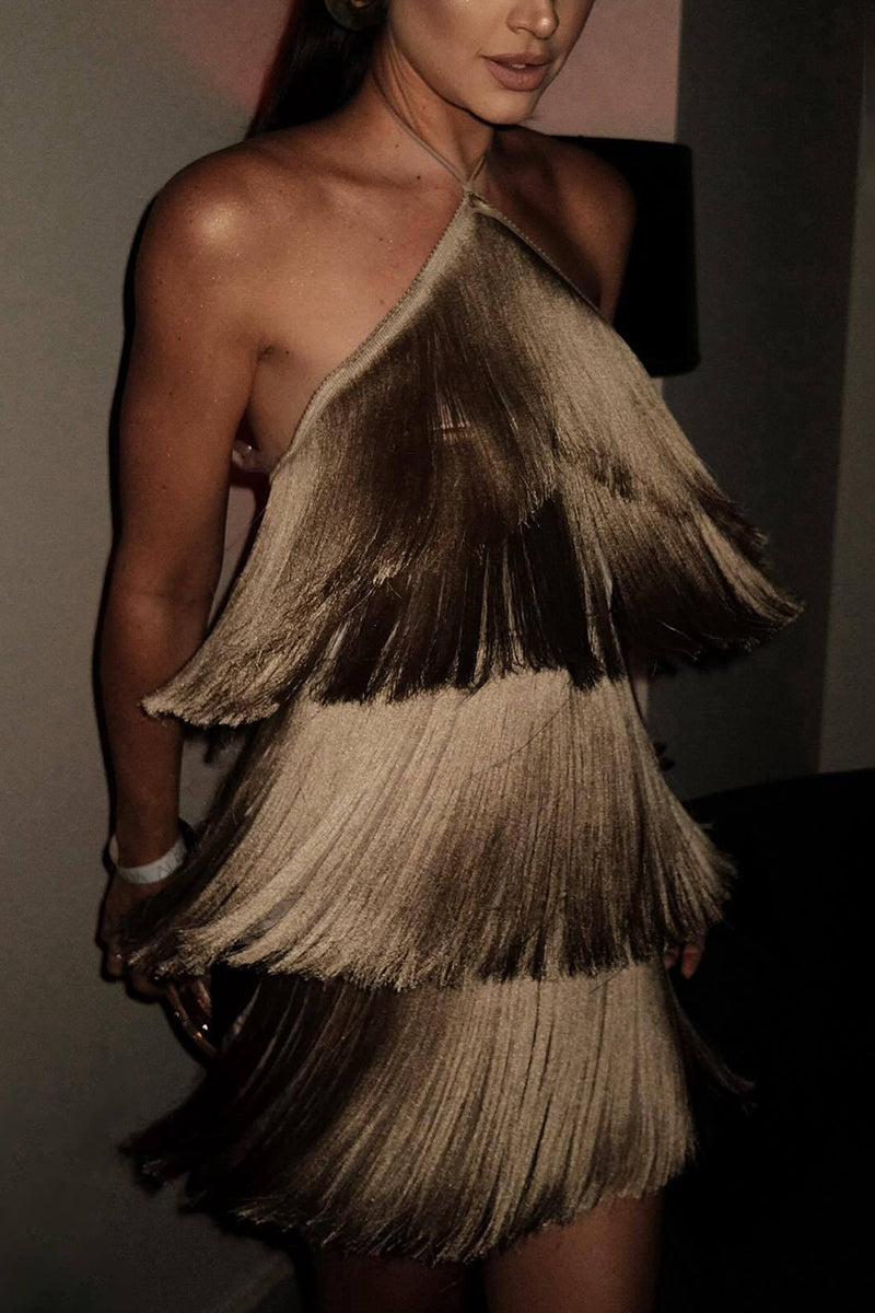 Tiered Fringe Halter Neck Dress