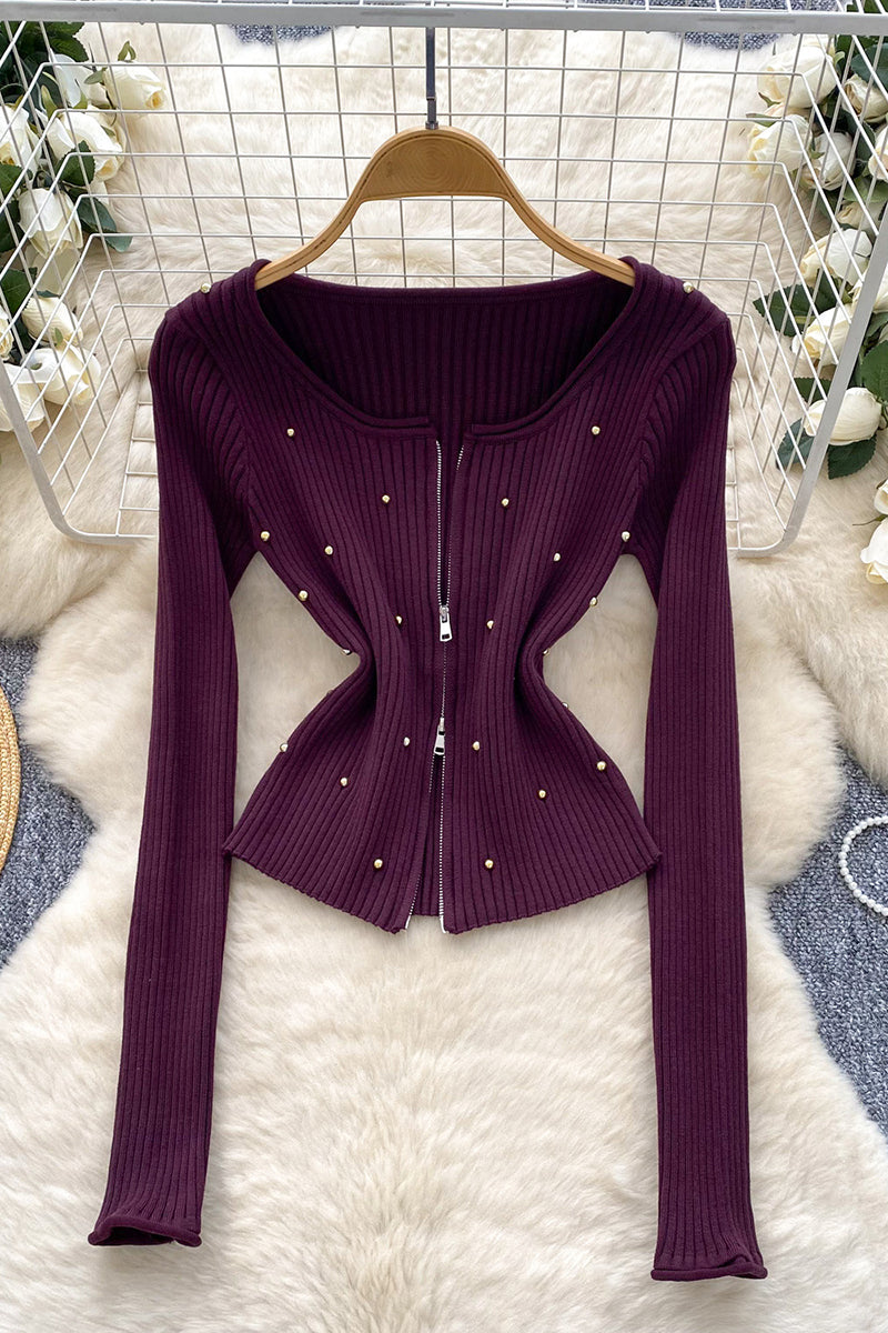 Zip-Front Long Sleeve Top with Studs