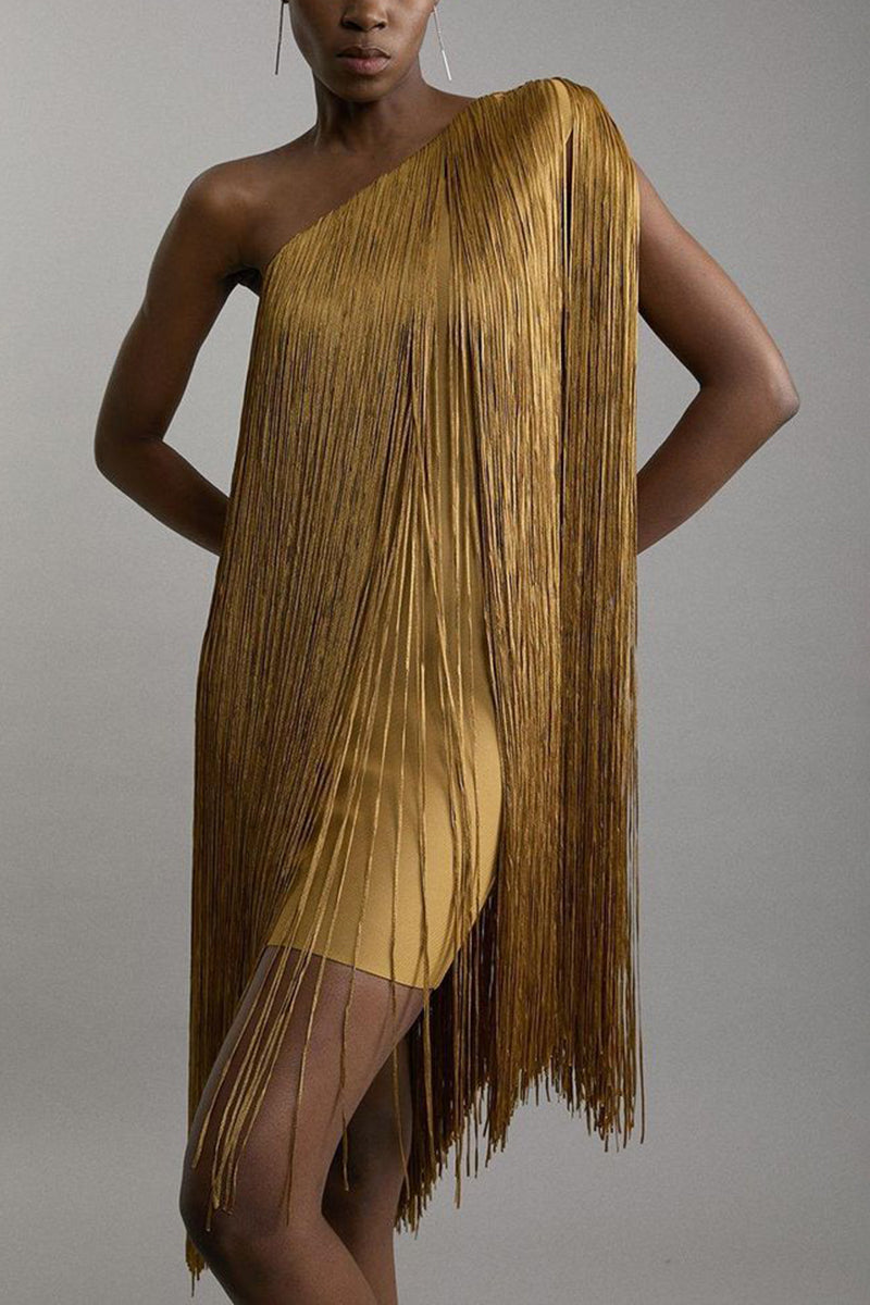 Fringe One-Shoulder Evening Dress