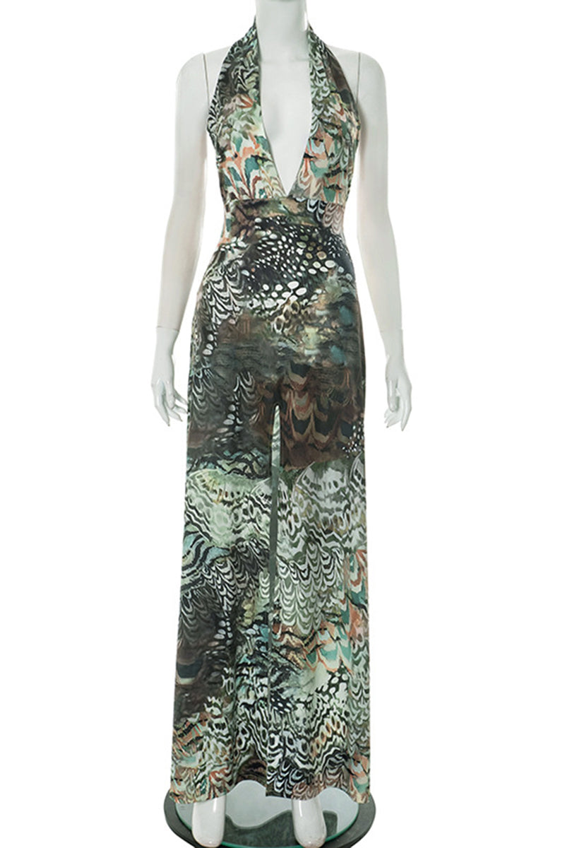 Halter Neck Maxi Dress With Abstract Print