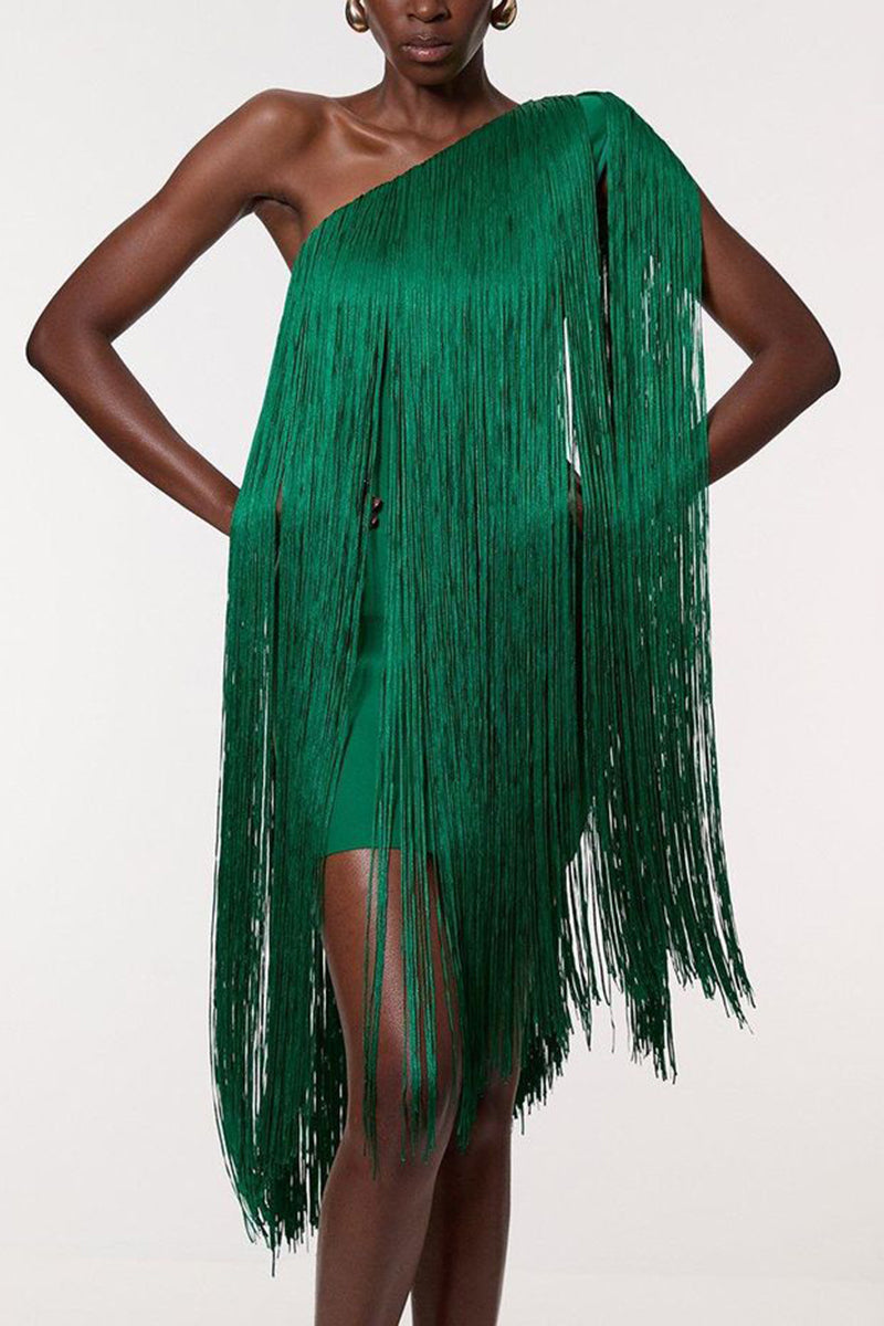 Fringe One-Shoulder Evening Dress