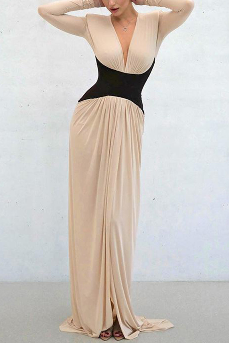 Long Sleeve Plunge Waist Detail Dress