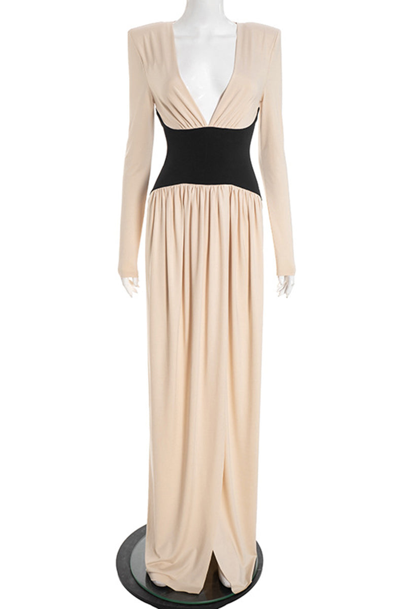 Long Sleeve Plunge Waist Detail Dress
