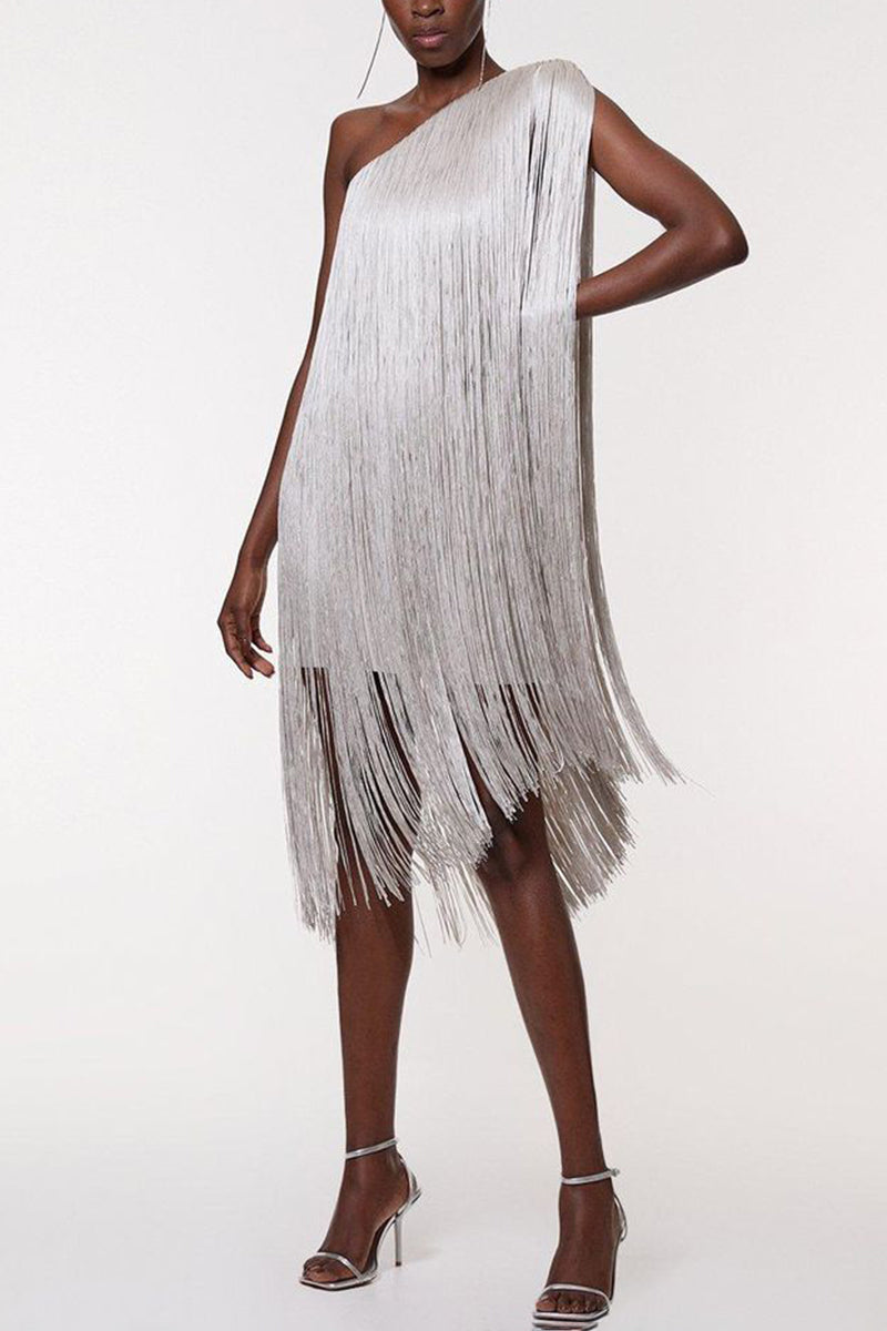 Fringe One-Shoulder Evening Dress