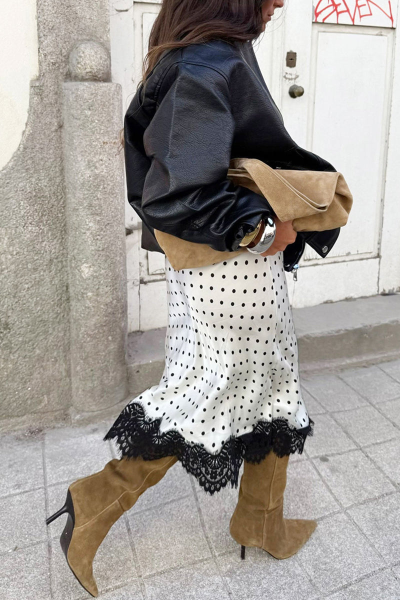 Polka Dot Midi Skirt with Lace Detail